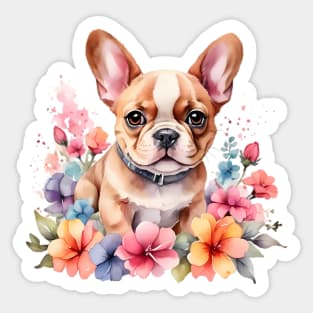 A baby french bulldog  decorated with beautiful watercolor flowers Sticker